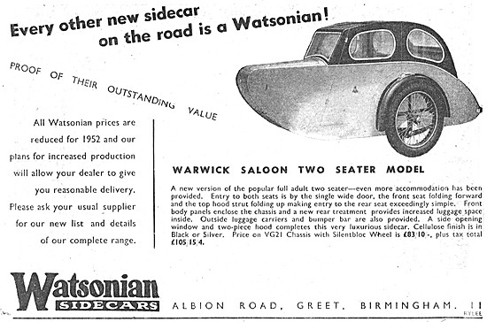 1951 Watsonian Warwick Saloon Two Seat Sidecar                   