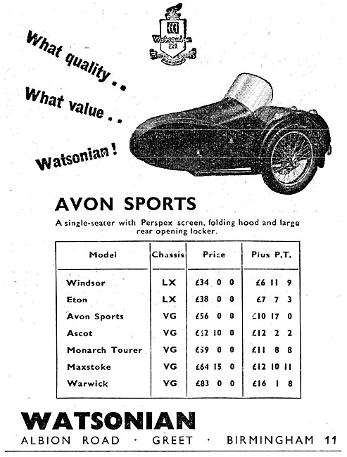 Watsonian Sidecars Models 1955                                   