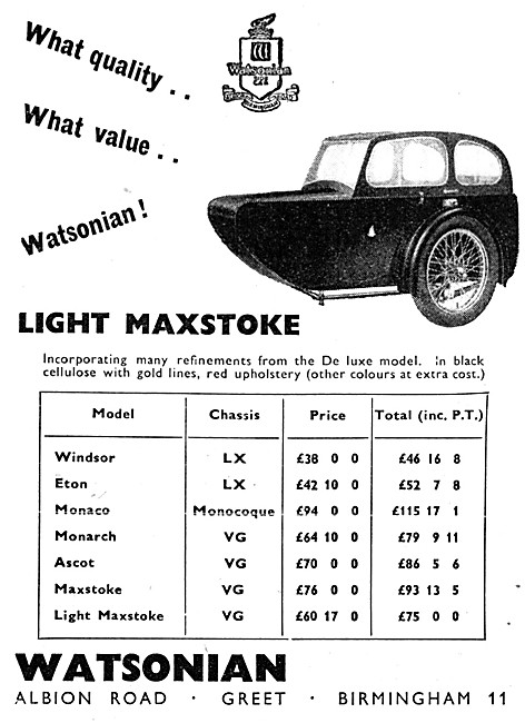 Watsonian Sidecar Models For 1956                                
