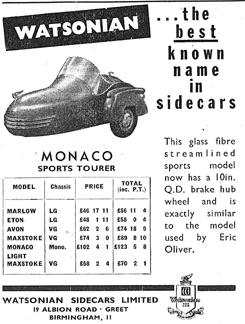 1960 Watsonian Monaco Sports Tourer Sidecar                      