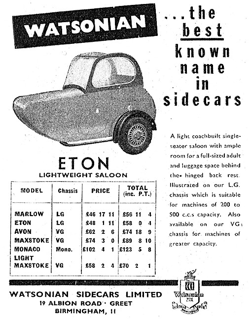 1959 Watsonian Eton Lightweight Saloon Sidecar                   