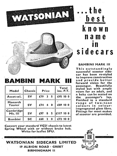 Watsonian Bambini Mark III Motor Scooter Sidecar 1960            