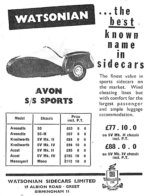1961 Watsonian Avon Single Seater Sports Sidecar                 