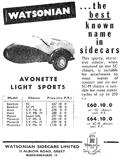 Watsonian Avonette Light Sports Sidecar 1962 Advert              
