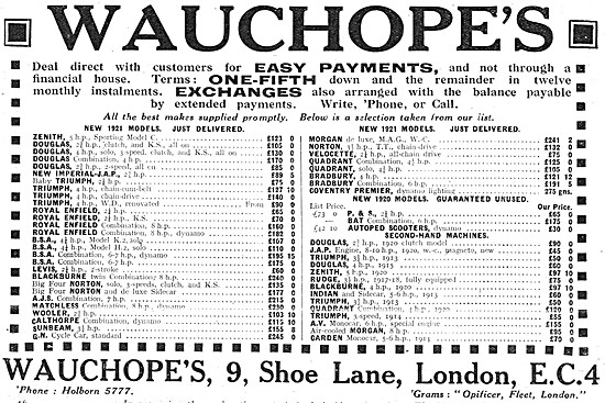Wauchopes Motor Cycle Sales & Service 1921 Advert                