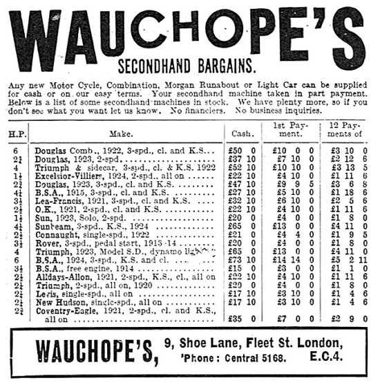Wauchopes Motor Cycle Sales 1924 Advert                          