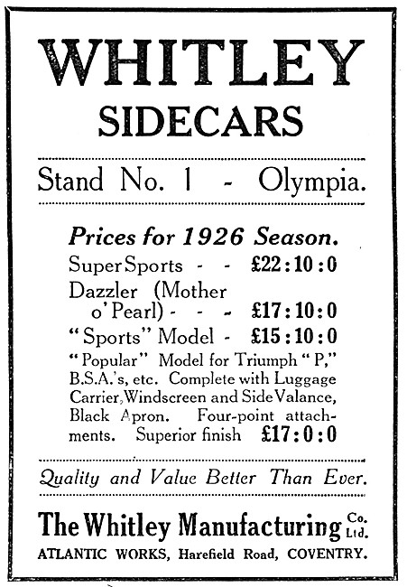 Whitley Sidecars Range 1925                                      