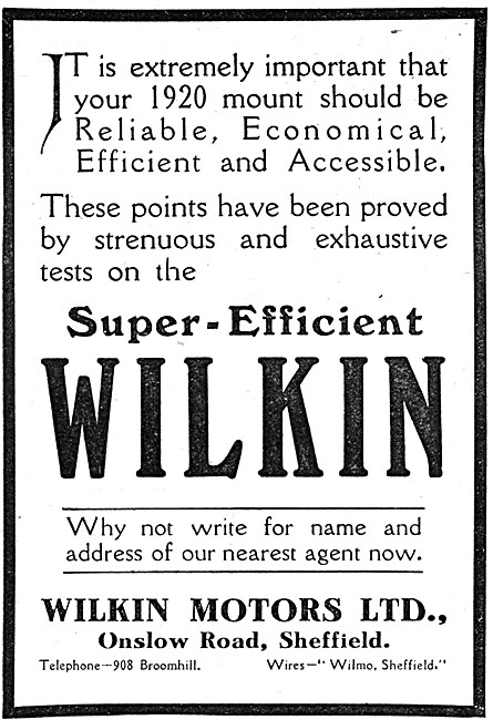 1920 Wilkin Motor Cycle Advert                                   