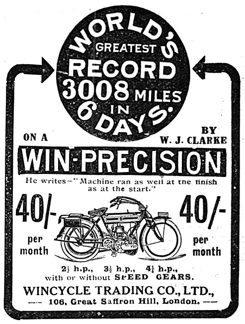 The 1912 Range Of Win-Precision Motor Cycles                     