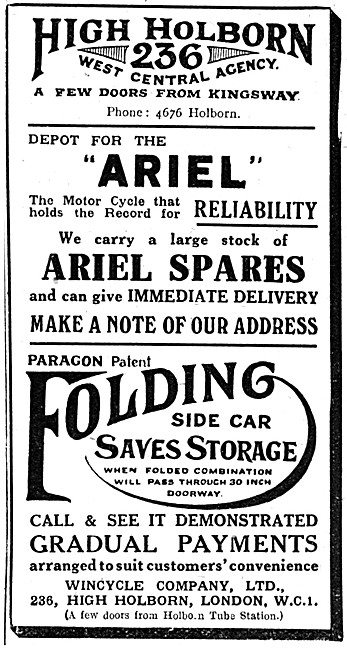 Wincycle Paragon Patented Folding Sidecar 1921 Advert            