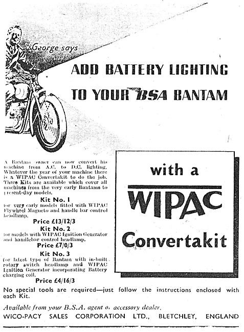 Wipac BSA Bantam Battery Lighting Convertakit 1952               