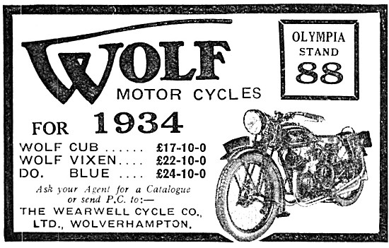 Wolf Motor Cycle Range 1934. Wold Cub - Wolf Vixen - Wolf Blue   