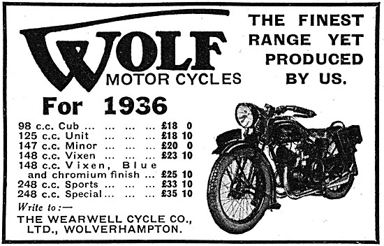 Wolf Motor Cycles Models & Prices For 1936                       