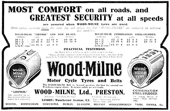 Wood-Milne Motor Cycle Tyres & Belts 1914 Advert                 