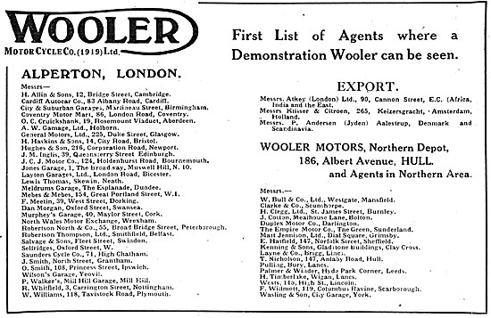 Wooler Motor Cycles 1920 List Of Agents                          
