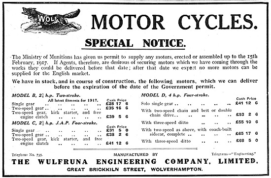 Wulfruna Wolf Motor Cycles & Engines 1917 Models                 