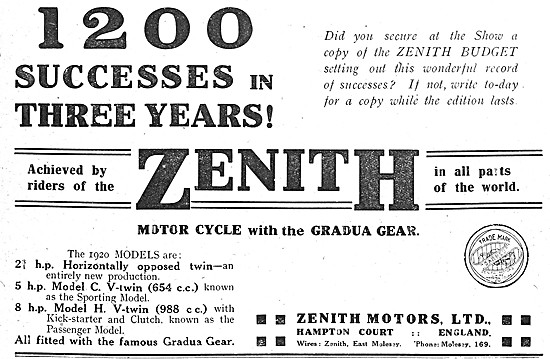 1919 Zenith Motor Cycle Model Range                              