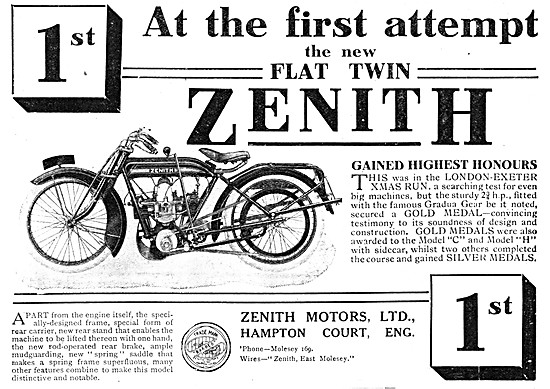 1920 Zenith Flat Twin Motor Cycles Advert                        