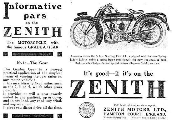 1920 Zenith Model C Gradua Gear Motor Cycle Advert               