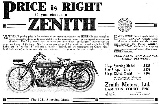 1921 Zenith 5 hp Sporting Model Motor Cycle                      