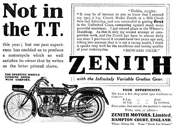 Zenith Motor Cycles 1921 Advert                                  