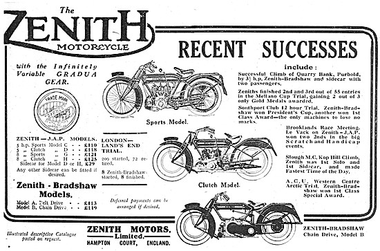 Zenith Motor Cycle Model Range For 1922                          