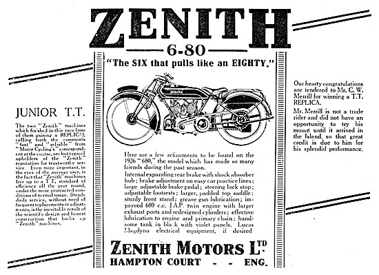 Zenith 6-80  Motor Cycle 1926 Advert                             
