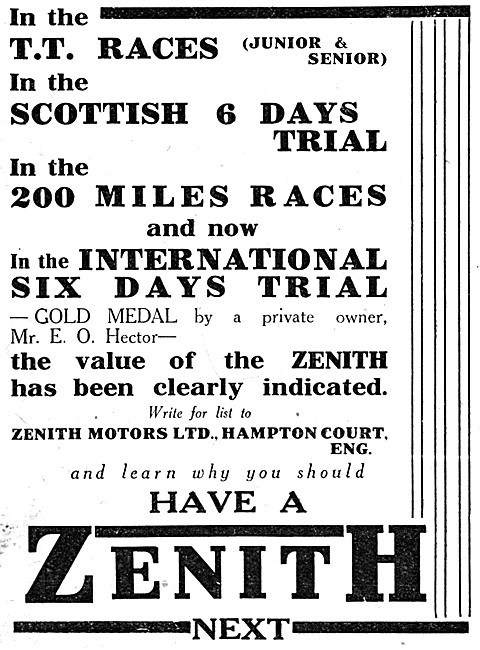 1926 Zenith Motor Cycle Advert                                   