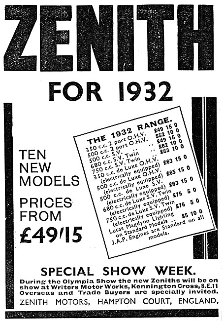 The Zenith Range Of Motor Cycles & Prices For 1932               